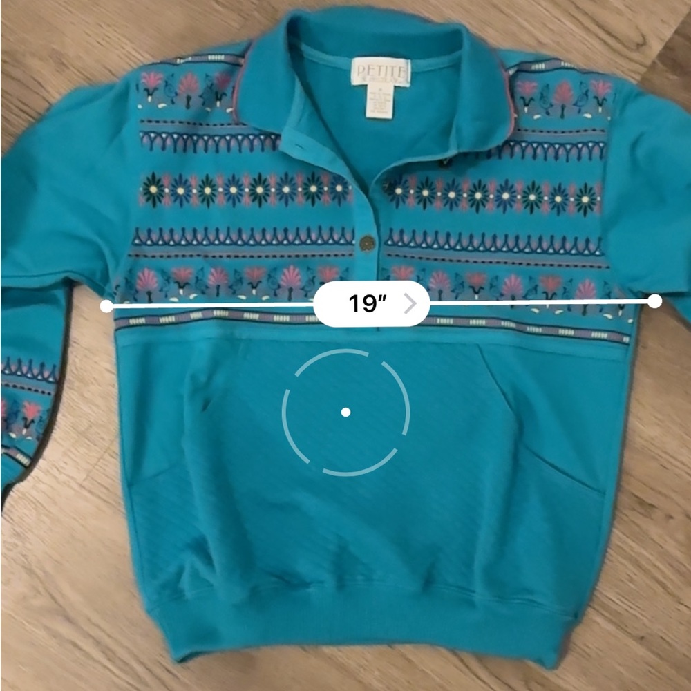 Vintage Petite Sophisticate Henley PS Blue Half Button Down Sweatshirt w Pockets - Picture 8 of 9